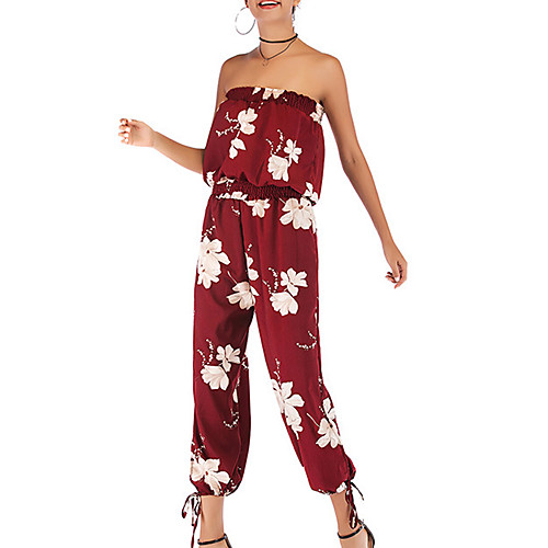 

Women's Boho / Street chic Wine Red White Jumpsuit Onesie, Floral / Solid Colored Split M L XL