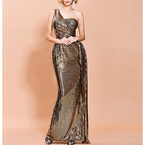 

Mermaid / Trumpet One Shoulder Floor Length Polyester Sparkle / Gold Wedding Guest / Formal Evening Dress with Sequin 2020
