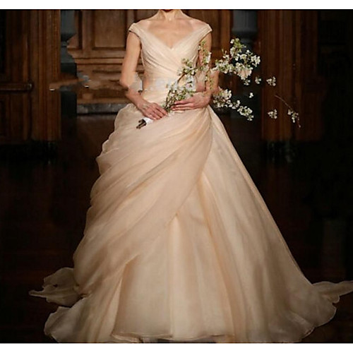 

Ball Gown V Neck Sweep / Brush Train Polyester Sleeveless Romantic Plus Size Wedding Dresses with Ruched / Draping 2020