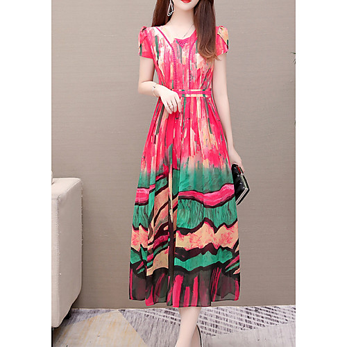 

Women's Maxi Sheath Dress - Short Sleeves Color Block Elegant Red Orange M L XL XXL XXXL XXXXL