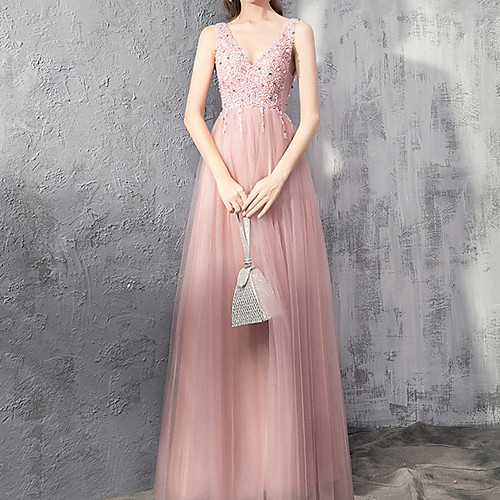 

A-Line V Neck Floor Length Polyester Sparkle / Pink Engagement / Prom Dress with Pleats / Sequin 2020