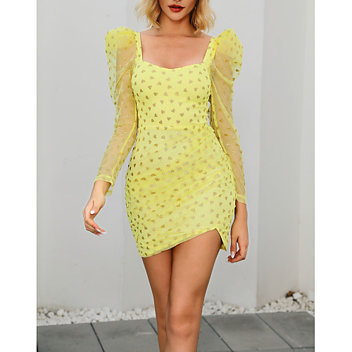 

Women's Yellow Blushing Pink Dress Mesh Elegant Spring & Summer Daily Weekend Bodycon Polka Dot Square Neck Sequins S M