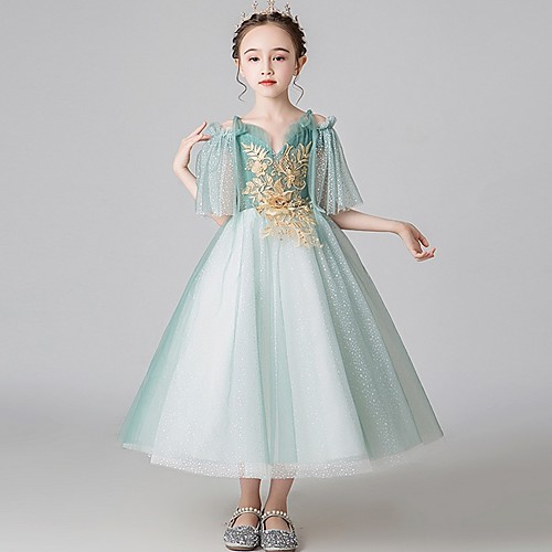 

A-Line Ankle Length Party / Pageant Flower Girl Dresses - Polyester Short Sleeve V Neck with Appliques