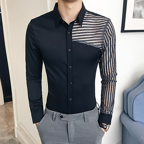 

Men's Daily Going out Basic / Elegant Shirt - Striped / Color Block Black
