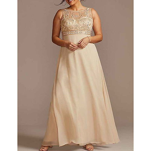 

A-Line Mother of the Bride Dress Elegant Jewel Neck Floor Length Chiffon Lace Sleeveless with Beading Sequin 2020