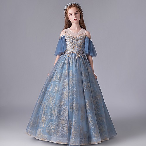 

A-Line Floor Length Party / Pageant Flower Girl Dresses - Polyester Half Sleeve Jewel Neck with Paillette