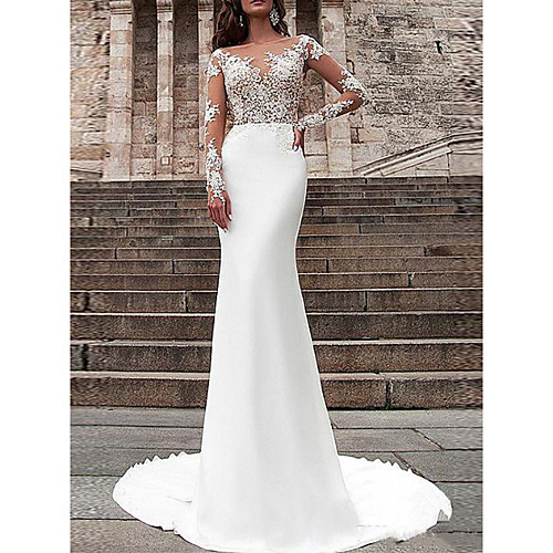 

Mermaid / Trumpet Wedding Dresses Off Shoulder V Neck Sweep / Brush Train Stretch Satin Long Sleeve Country Plus Size with Lace Buttons Embroidery 2020