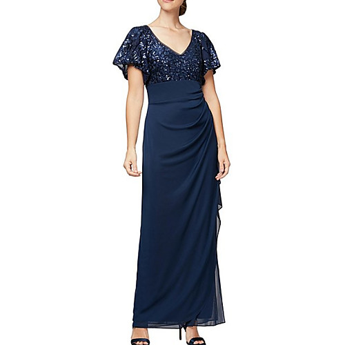 

Sheath / Column V Neck Floor Length Chiffon / Lace Short Sleeve Elegant Mother of the Bride Dress with Pleats / Sequin / Appliques Mother's Day 2020