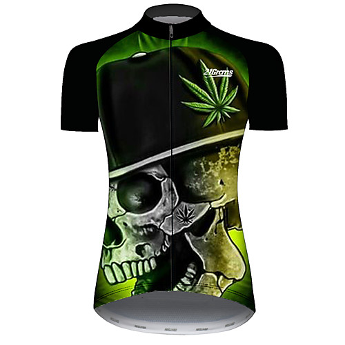 

21Grams Women's Short Sleeve Cycling Jersey Black / Green Leaf Skull Bike Jersey Top Mountain Bike MTB Road Bike Cycling UV Resistant Breathable Quick Dry Sports Clothing Apparel / Stretchy