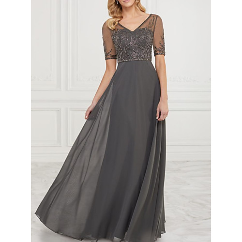 

A-Line V Neck Floor Length Chiffon Short Sleeve Elegant Mother of the Bride Dress with Lace / Appliques Mother's Day 2020