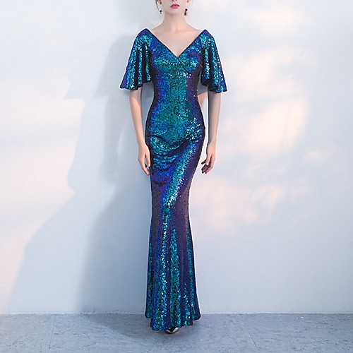 

Mermaid / Trumpet V Neck Floor Length Polyester Sparkle / Blue Prom / Formal Evening Dress with Sequin 2020