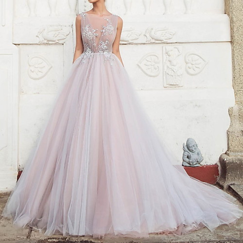 

A-Line Jewel Neck Sweep / Brush Train Polyester / Tulle Sleeveless Country Plus Size Wedding Dresses with Embroidery / Appliques 2020