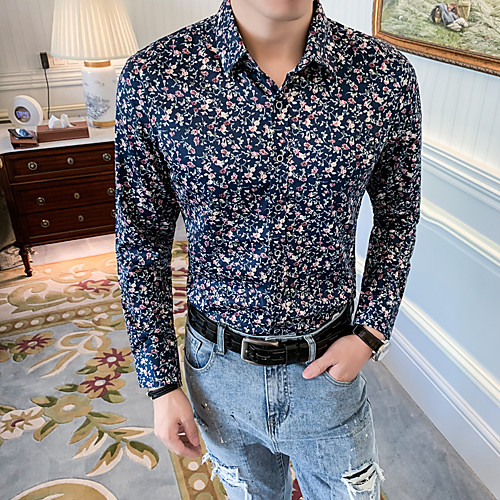 

Men's Daily Going out Basic / Elegant Shirt - Floral / Color Block Navy Blue
