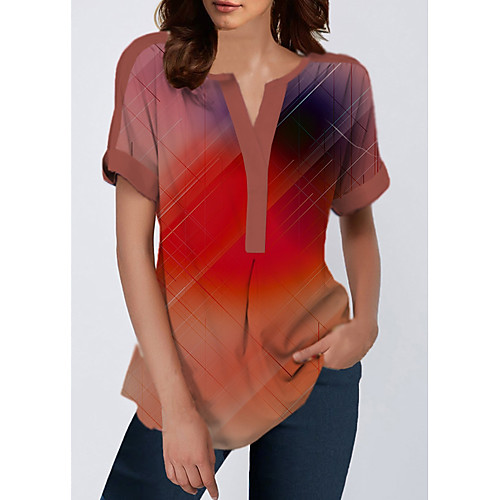 

Women's Daily T-shirt - Color Block Print V Neck Orange