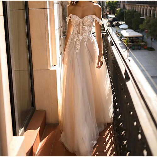 

A-Line Wedding Dresses Off Shoulder Floor Length Tulle Polyester Sleeveless Country Plus Size with Embroidery Appliques 2020