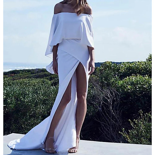

Sheath / Column Sexy White Party Wear Prom Dress Off Shoulder Long Sleeve Court Train Stretch Satin with Sleek Split 2020