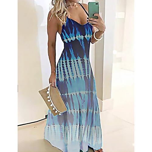 

Women's Maxi Blue Dress Spring Holiday Vacation A Line Print Strap M L