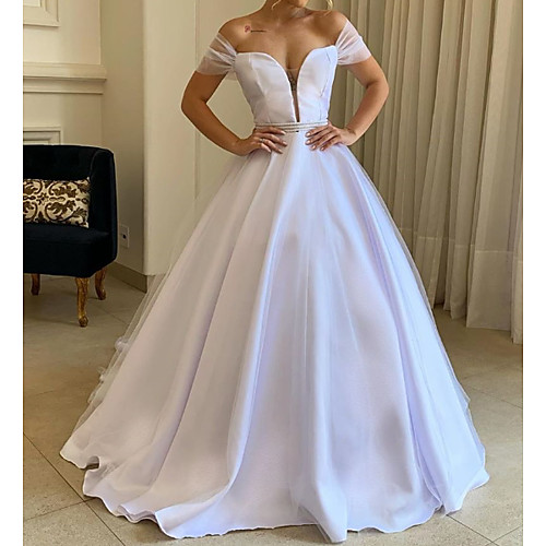 

A-Line Off Shoulder Sweep / Brush Train Polyester / Tulle Short Sleeve Country Plus Size Wedding Dresses with Crystal Brooch 2020