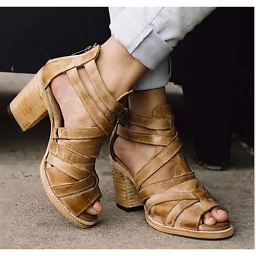 

Women's Sandals Summer Chunky Heel Round Toe Roman Shoes Daily PU Khaki / Brown / Black