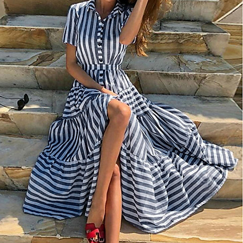 

Women's Blue Dress Elegant Sheath Striped S M