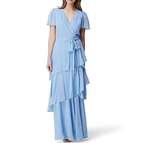

A-Line V Neck Floor Length Chiffon Short Sleeve Elegant Mother of the Bride Dress with Sash / Ribbon / Cascading Ruffles Mother's Day 2020