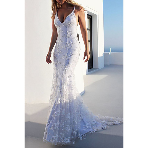 

Mermaid / Trumpet V Neck Sweep / Brush Train Lace Spaghetti Strap Casual Backless Wedding Dresses with Appliques 2020