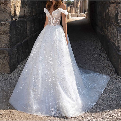 

Ball Gown Wedding Dresses Off Shoulder Court Train Polyester Cap Sleeve Country Sexy Plus Size with Lace Insert Appliques 2020