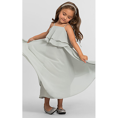 

A-Line Floor Length Wedding / Party Flower Girl Dresses - Chiffon Sleeveless Spaghetti Strap with Tier / Solid