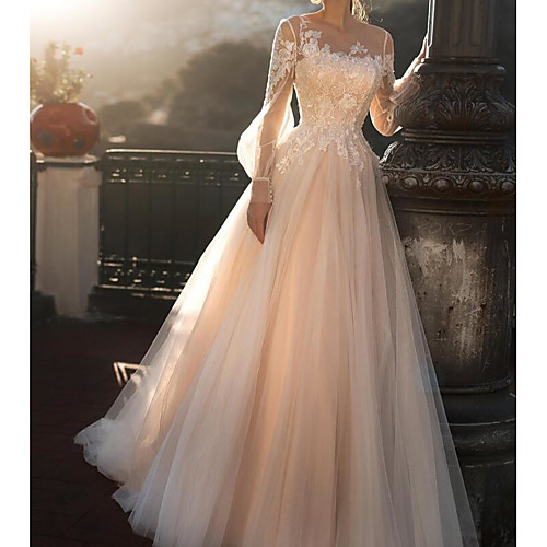 

A-Line Jewel Neck Sweep / Brush Train Polyester / Tulle Long Sleeve Country Plus Size / Illusion Sleeve Wedding Dresses with Embroidery / Appliques 2020