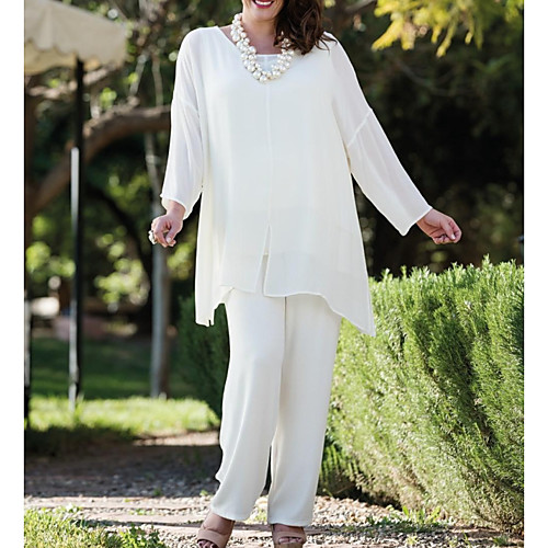 

Pantsuit / Jumpsuit Jewel Neck Floor Length Chiffon Long Sleeve Elegant Mother of the Bride Dress with Tier Mother's Day 2020