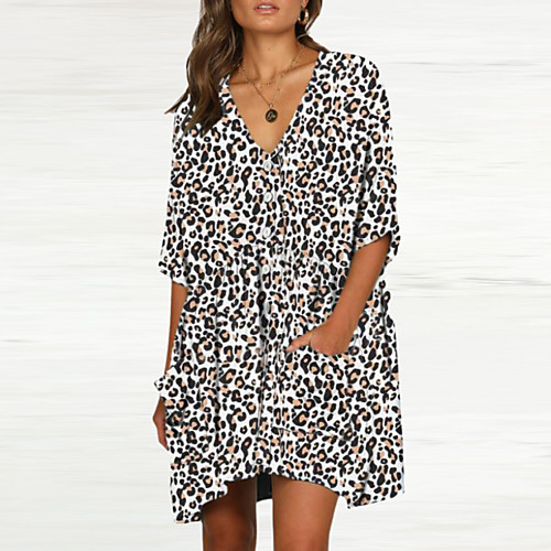 

Women's Asymmetrical Blushing Pink White Dress Loose Leopard Deep V S M