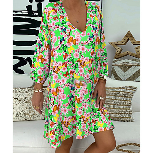 

Women's Fuchsia Green Dress A Line Swing Geometric V Neck S M Loose