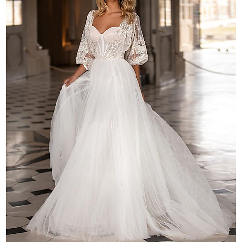 

A-Line Wedding Dresses Scoop Neck Sweep / Brush Train Polyester 3/4 Length Sleeve Country Plus Size with Crystals 2020