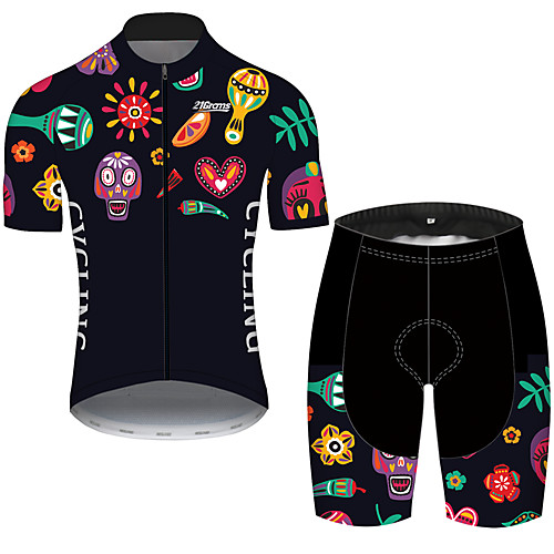 

21Grams Men's Short Sleeve Cycling Jersey with Shorts Black / Blue Skull Floral Botanical Bike Clothing Suit UV Resistant Breathable Quick Dry Sweat-wicking Sports Skull Mountain Bike MTB Road Bike