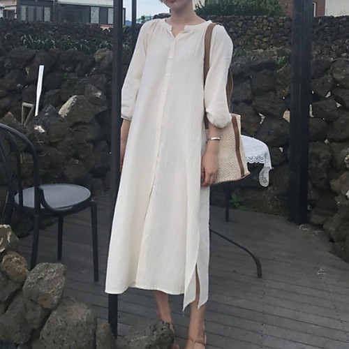 

Women's White Dress Loose Solid Color V Neck One-Size Loose
