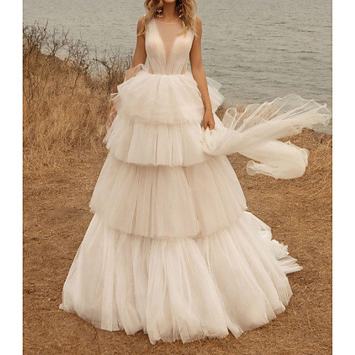 

A-Line Jewel Neck Sweep / Brush Train Polyester / Tulle Sleeveless Country Plus Size Wedding Dresses with Cascading Ruffles 2020