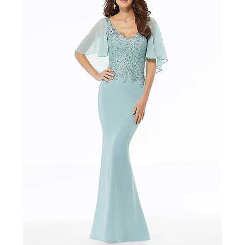 

Mermaid / Trumpet Scalloped Neckline Sweep / Brush Train Chiffon Half Sleeve Sexy Mother of the Bride Dress with Beading / Appliques Mother's Day 2020