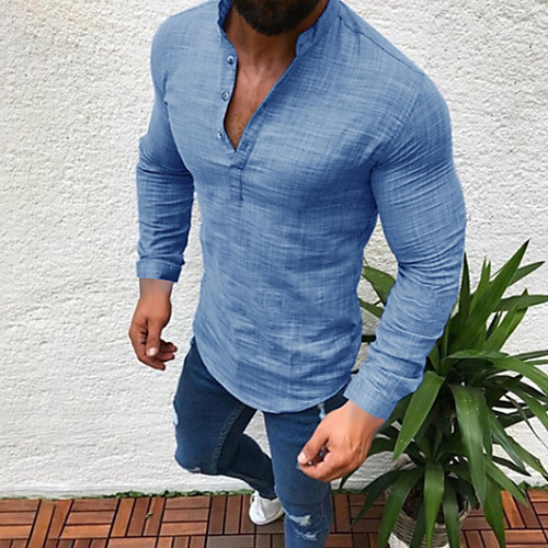 

Men's Daily Wear Plus Size Linen Shirt - Solid Colored Round Neck White / Long Sleeve