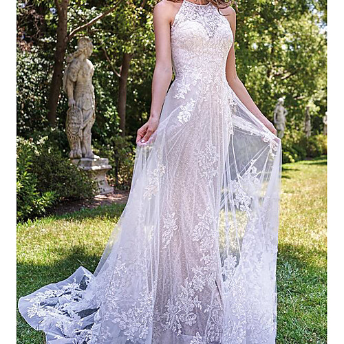 

A-Line Jewel Neck Sweep / Brush Train Lace / Tulle Sleeveless Country Plus Size Wedding Dresses with Lace / Embroidery 2020