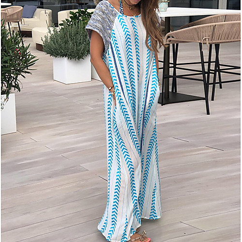 

Women's Maxi Shift Dress - Short Sleeves Print Elegant Loose Blue S M L XL