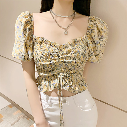 

Women's Daily Going out Vintage Slim Blouse - Geometric Pleated / Print / Drawstring Square Neck Purple