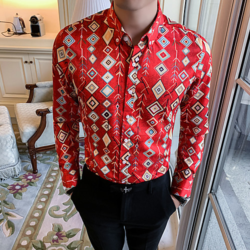 

Men's Daily Going out Basic / Elegant Shirt - Color Block Red