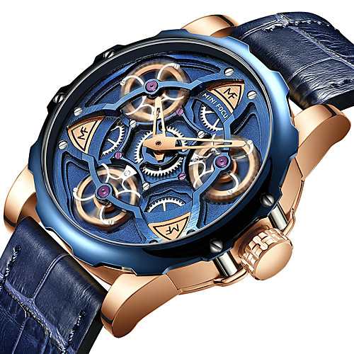 

MINI FOCUS Men's Mechanical Watch Automatic self-winding Formal Style Tourbillion PU Leather Black / Blue / Grey 30 m Water Resistant / Waterproof Hollow Engraving Large Dial Analog Classic Skeleton