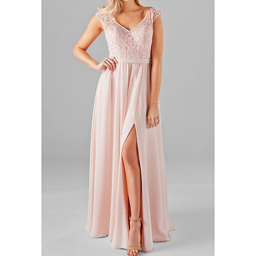 

A-Line V Neck Floor Length Chiffon / Lace / Shantung Bridesmaid Dress with Split Front / Ruching