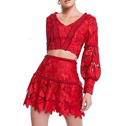 

Two Piece Boho Red Holiday Cocktail Party Dress V Neck Long Sleeve Short / Mini Spandex with Tier Appliques 2020