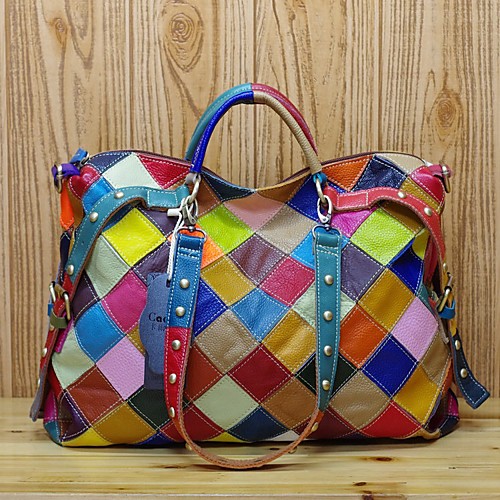 

Women's Zipper Cowhide Top Handle Bag Geometric Pattern Black / Rainbow