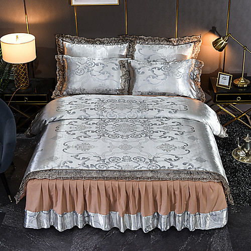 

Duvet Cover 4 Piece Full/Queen Tencel Modal Satin Jacquard Bedspread Embroidery Bedding Luxury European Neoclassical Style Jacquard Lace Sheets Lace Wedding European Bed Skirt Bedding Set