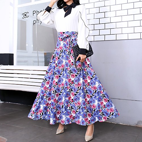 

Women's Event / Party / Daily Wear Street chic Swing Skirts - Floral Print / Drawstring Blue S M L