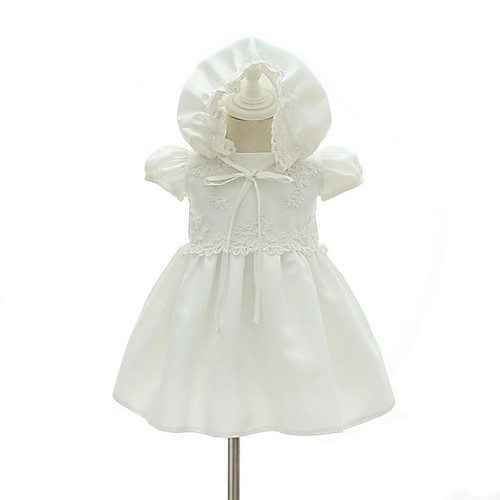 

A-Line Ankle Length First Communion Christening Gowns - Polyester Short Sleeve Jewel Neck with Lace / Bow(s) / Appliques
