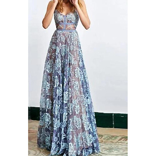 

A-Line Spaghetti Strap Floor Length Lace Floral / Blue Holiday / Prom Dress with Lace Insert 2020
